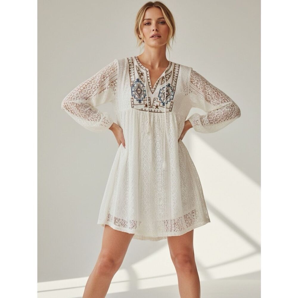 Embroidered V Neck Long Sleeve White Lace Midi Dress NWT